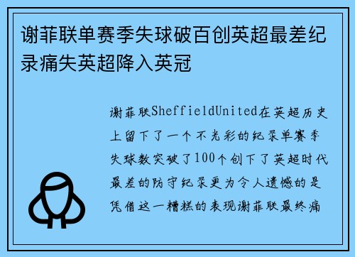 谢菲联单赛季失球破百创英超最差纪录痛失英超降入英冠 谢菲联单赛季失球破百创英超最差纪录痛失英超降入英冠